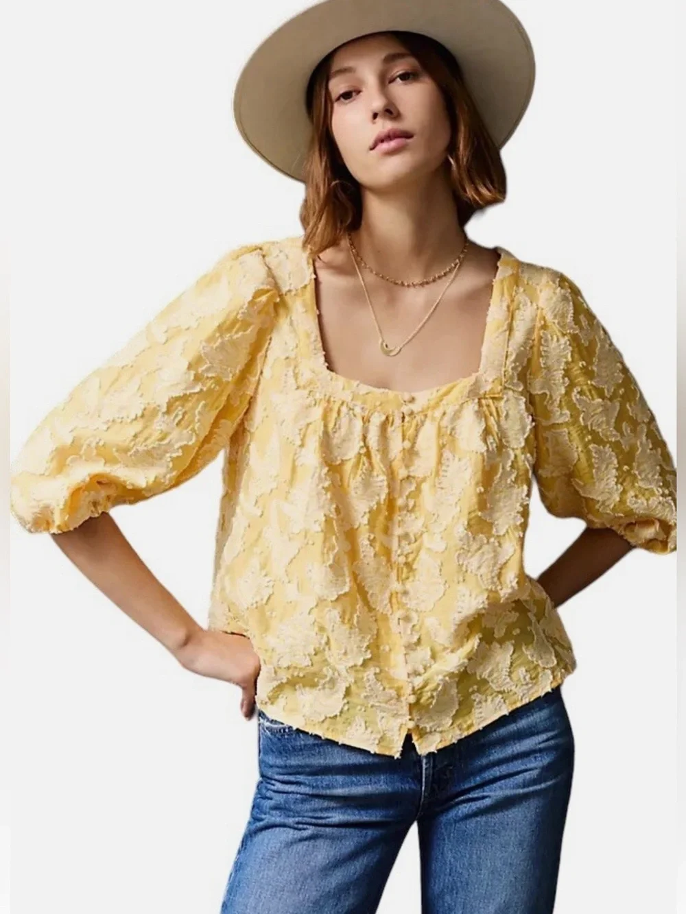 Anthropologie Yvonne Textured Yellow Button Down Blouse Shirt Size Medium